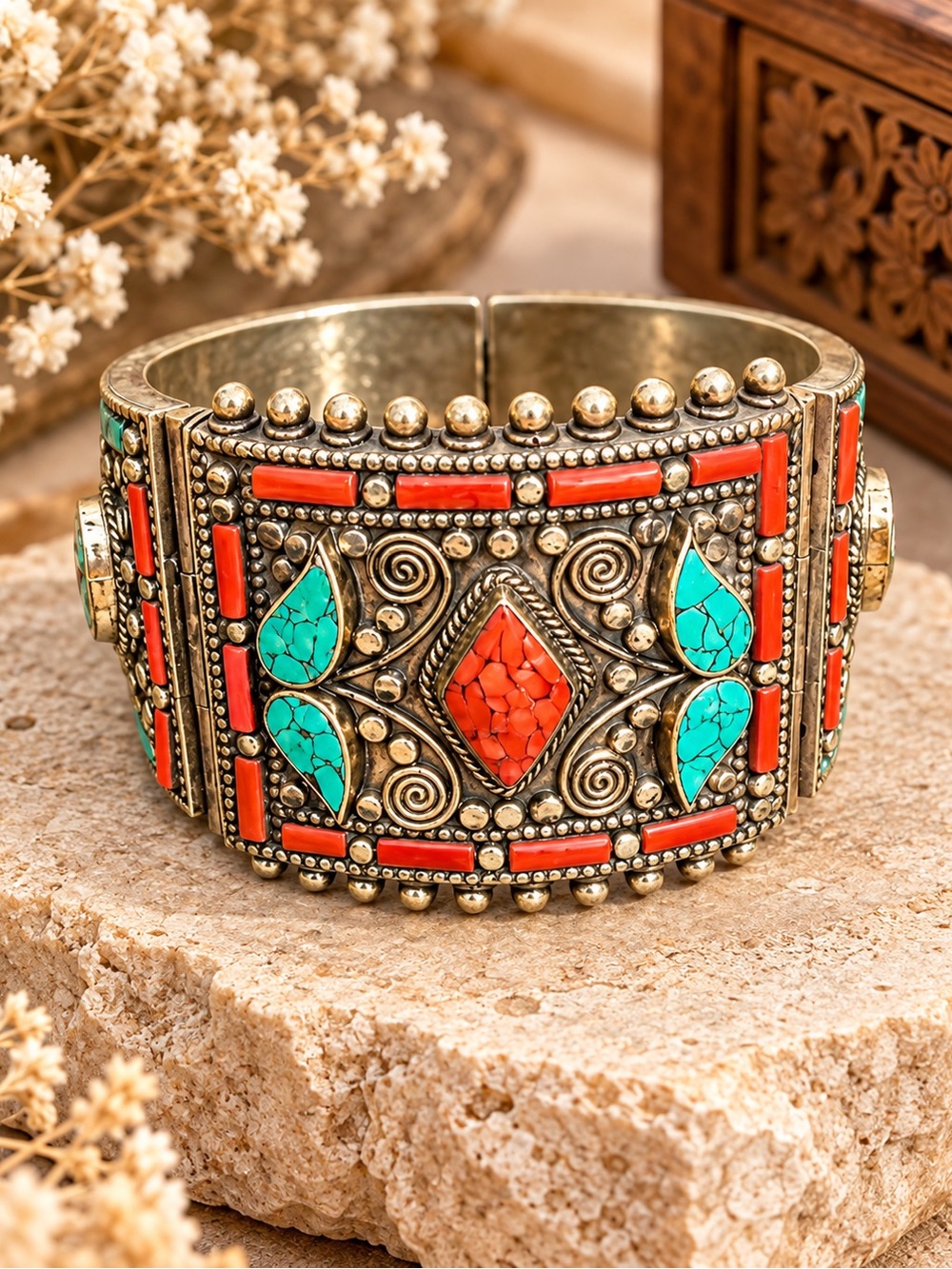 Turquoise & Coral Boho Statement Cuff Bracelet